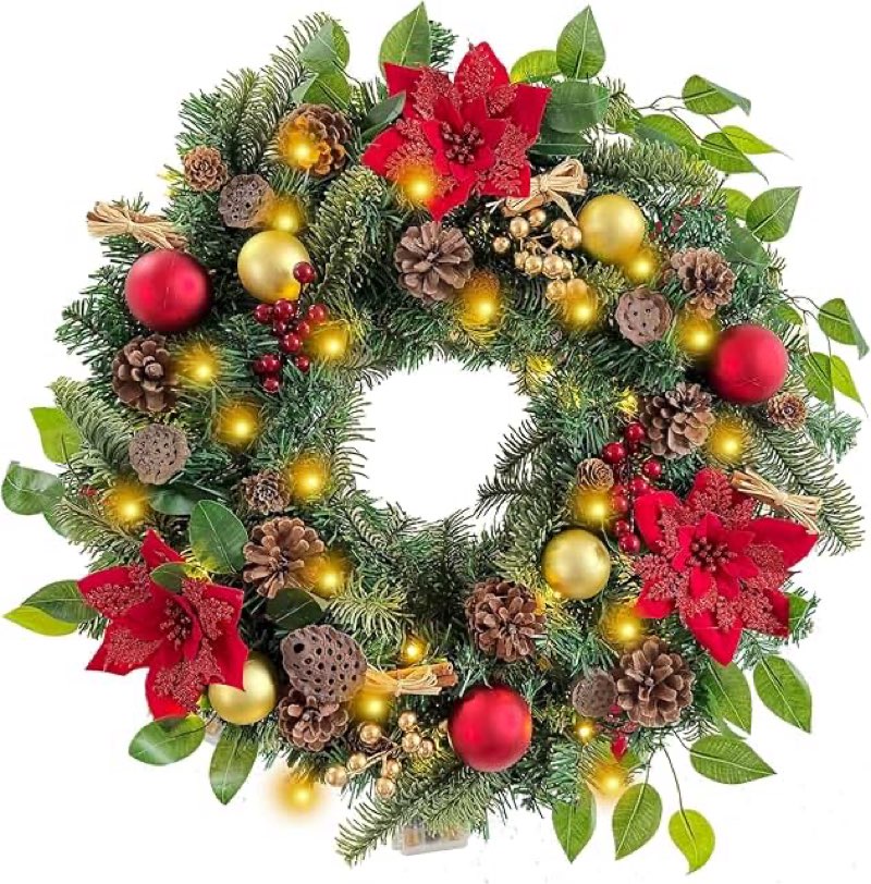 wanna-cul pre-lit 24 inch lighted christmas wreath for front door luxury red gold christmas door wreath decoration with ball ornaments, poinsettia flowers,berries, and lotus, battery operated 30 led